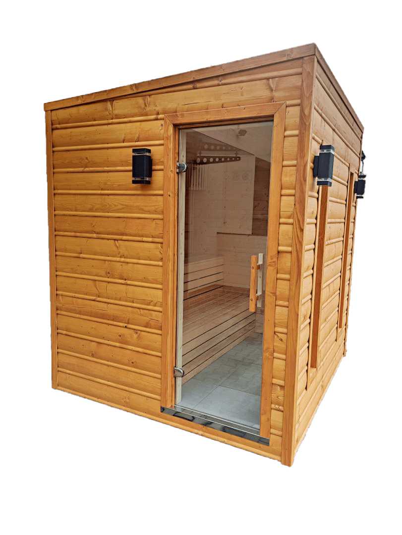 Venkovní dřevěná sauna s venkovním osvětlením
