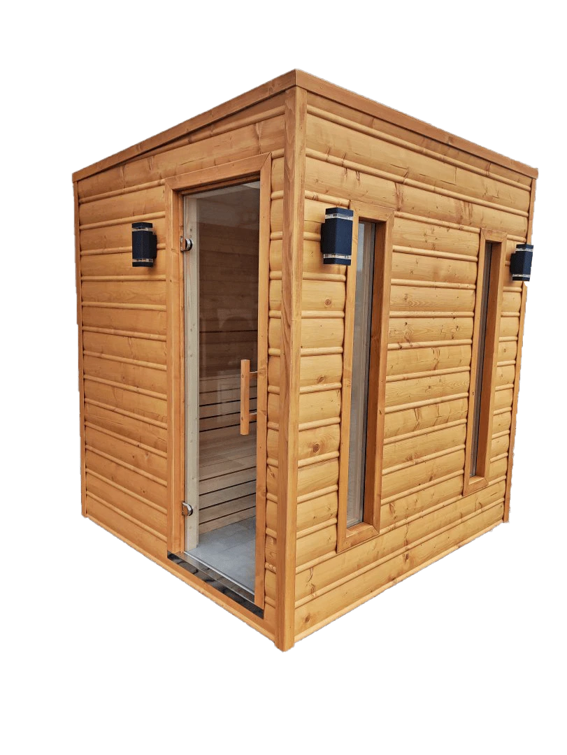 Vonkajšia fínska sauna s dreveným obložením