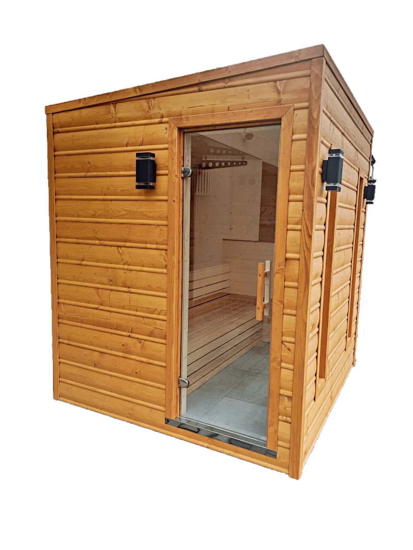 Vonkajšia drevená sauna s vonkajším osvetlením